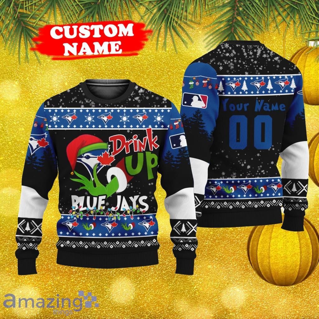 MLB Grinch Drink Up Toronto Blue Jays Personalized Name And Number Ugly Knitted Sweater Christmas Gift image MLB Grinch Drink Up Toronto Blue Jays Personalized Name And Number Ugly Knitted Sweater Christmas Gift Product Photo 1