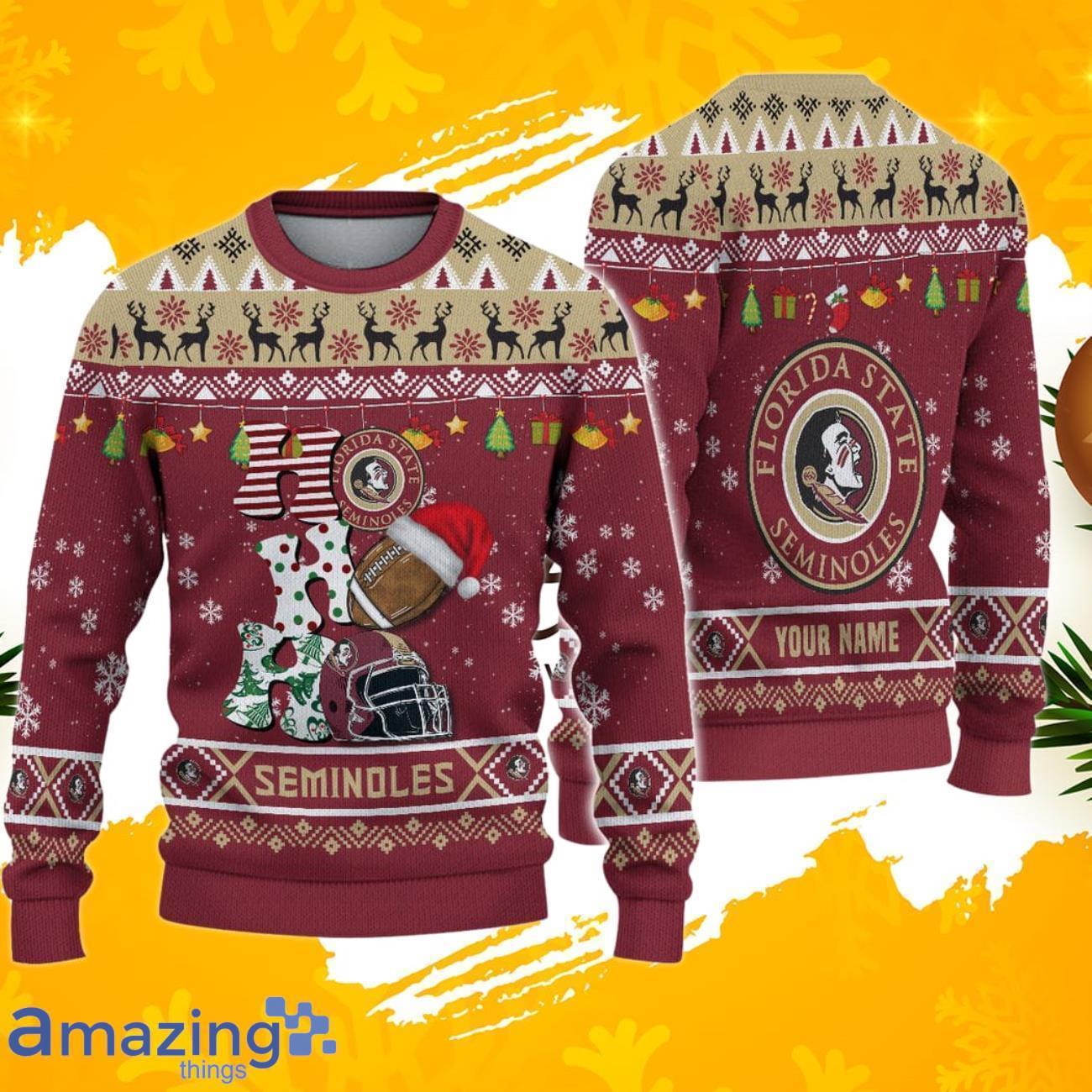 NCAA Florida State Seminoles HO HO HO Ugly Christmas Sweater image NCAA Florida State Seminoles HO HO HO Ugly Christmas Sweater Product Photo 1