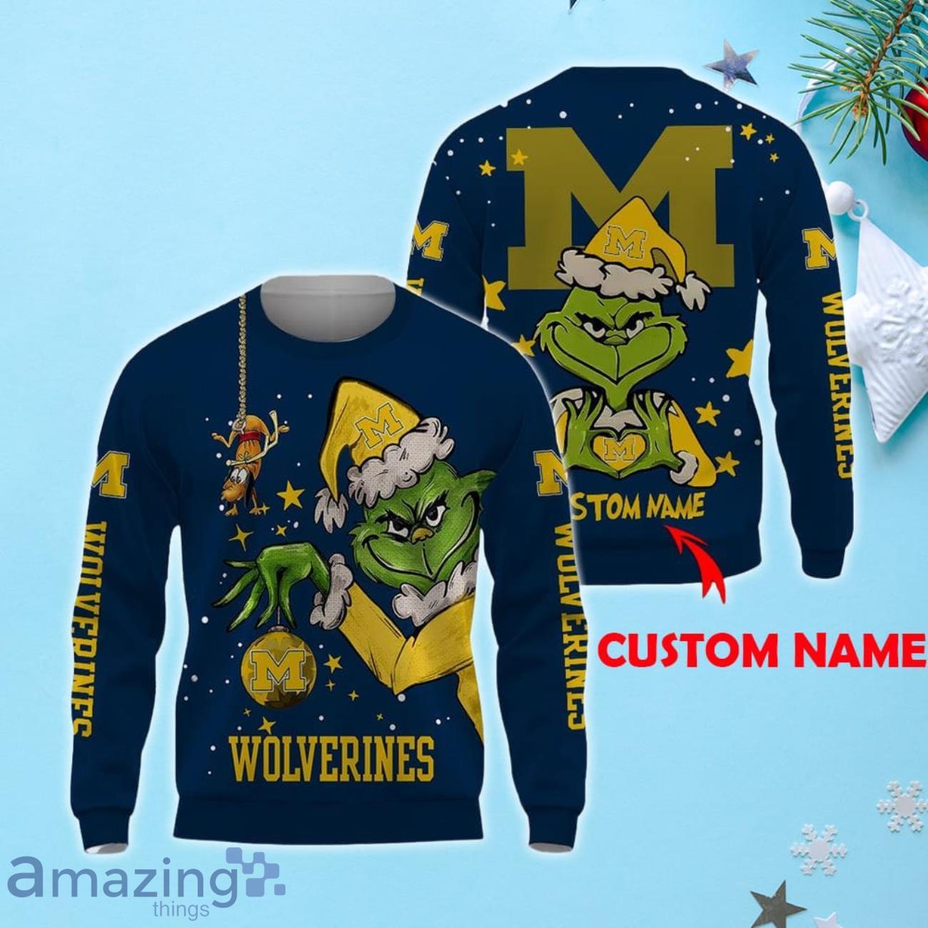 NCAA Michigan Wolverines Grinch Ugly Christmas Sweater Custom Name Xmas Gift image NCAA Michigan Wolverines Grinch Ugly Christmas Sweater Custom Name Xmas Gift Product Photo 1
