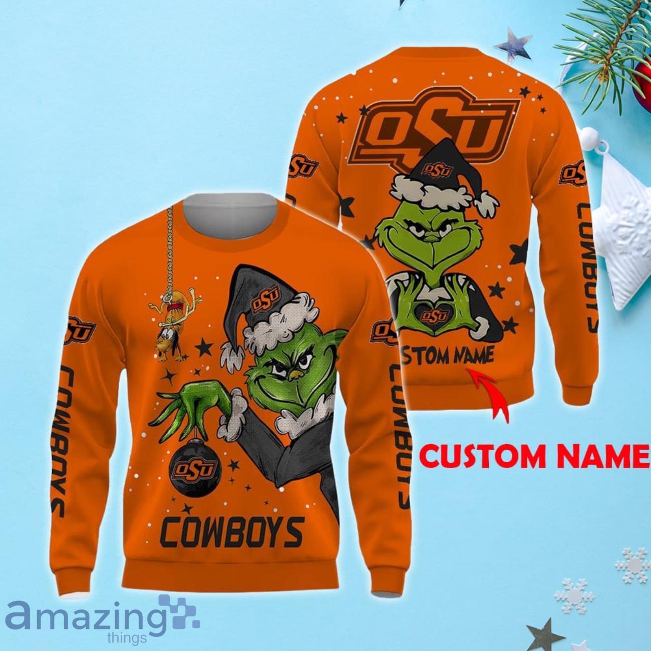 NCAA Oklahoma State Cowboys Grinch Ugly Christmas Sweater Custom Name Xmas Gift image NCAA Oklahoma State Cowboys Grinch Ugly Christmas Sweater Custom Name Xmas Gift Product Photo 1