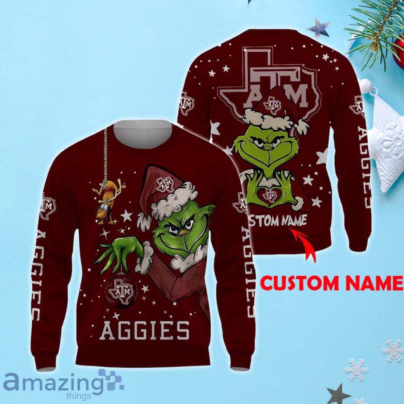 NCAA Texas A&M Aggies Grinch Ugly Christmas Sweater Custom Name Xmas Gift image NCAA Texas A&M Aggies Grinch Ugly Christmas Sweater Custom Name Xmas Gift Product Photo 1