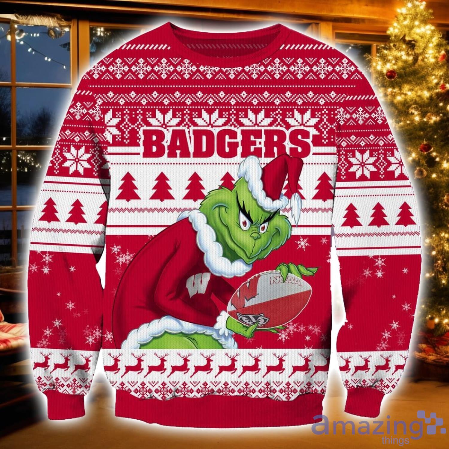 NCAA Wisconsin Badgers Grinch Ugly Christmas Sweater Christmas Gift For Sport Fans image NCAA Wisconsin Badgers Grinch Ugly Christmas Sweater Christmas Gift For Sport Fans Product Photo 1