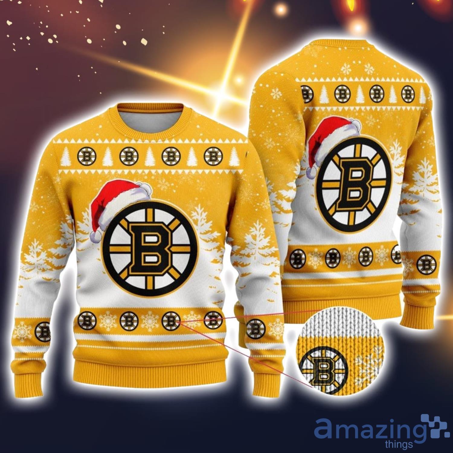 NHL Boston Bruins Logo Wearing Santa Hat Ugly Christmas Sweater For Fans image NHL Boston Bruins Logo Wearing Santa Hat Ugly Christmas Sweater For Fans Product Photo 1