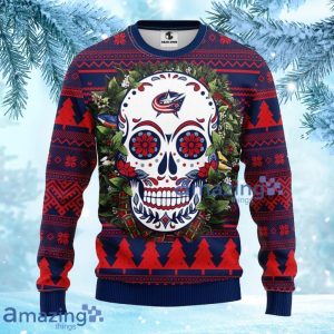 NHL Columbus Blue Jackets Skull Flower Ugly Christmas Ugly Sweater Gift For Fans Christmas Product Photo 3