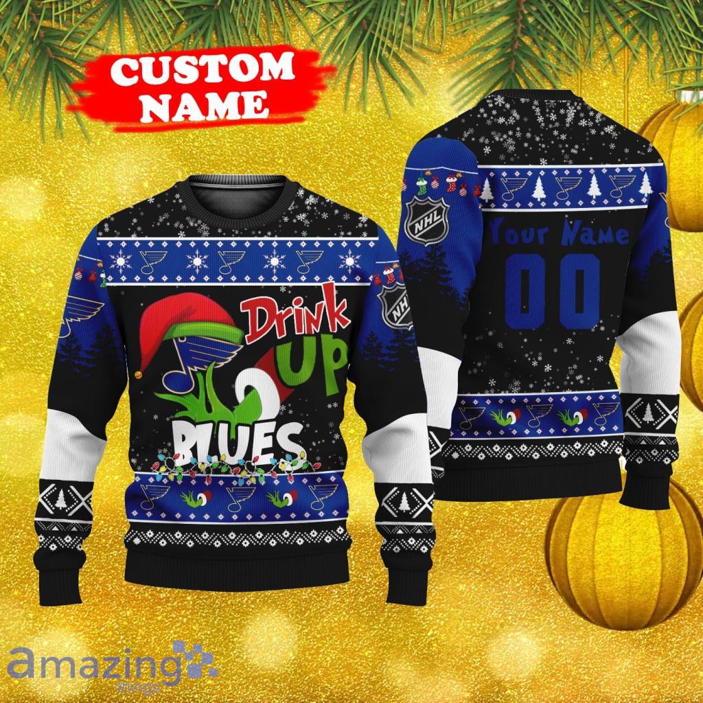 The Grinch x St Louis Blues NHL Santa Hat Ugly Christmas Sweater
