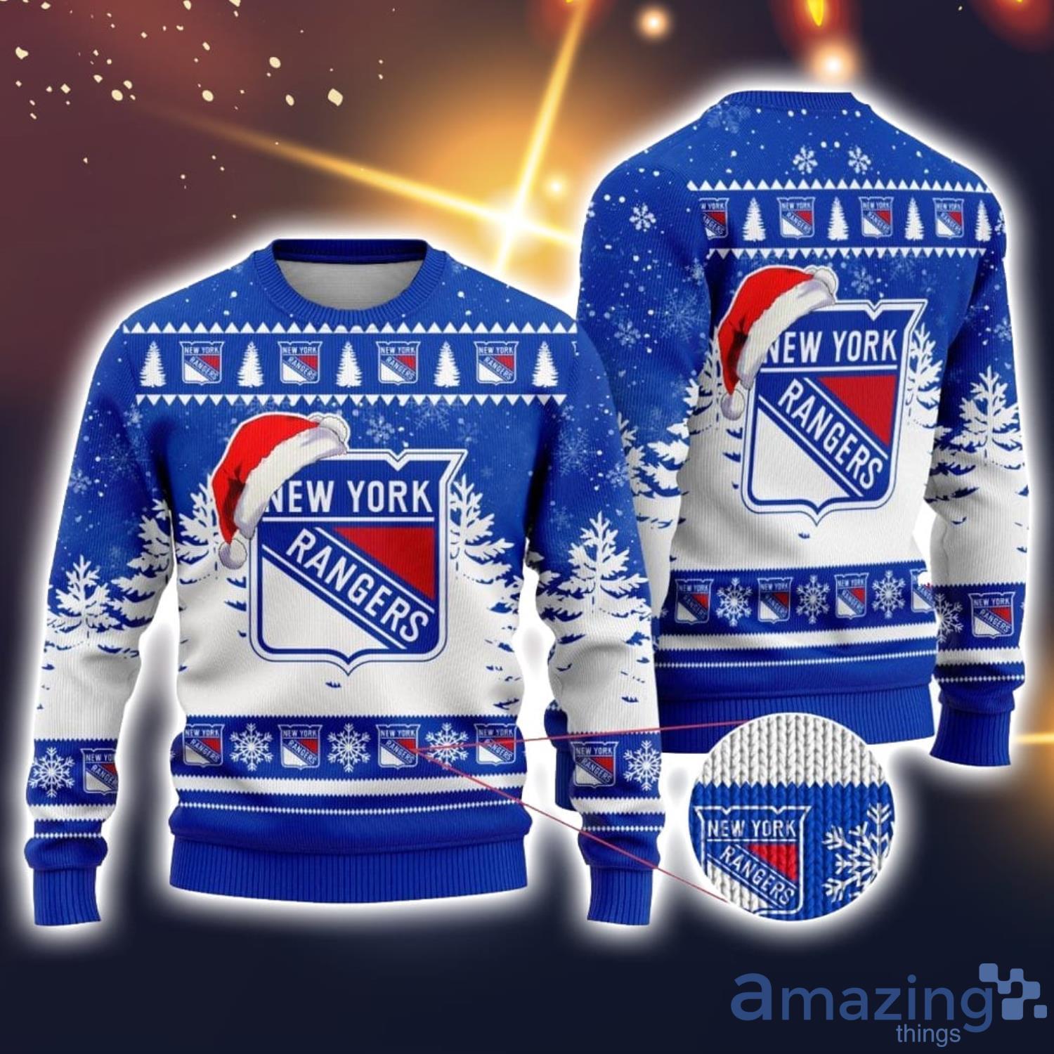 NHL New York Rangers Logo Wearing Santa Hat Ugly Christmas Sweater For Fans Product Photo 1