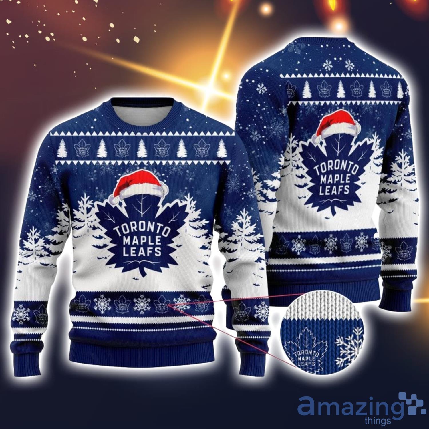 NHL Toronto Maple Leafs Logo Wearing Santa Hat Ugly Christmas Sweater For Fans image NHL Toronto Maple Leafs Logo Wearing Santa Hat Ugly Christmas Sweater For Fans Product Photo 1
