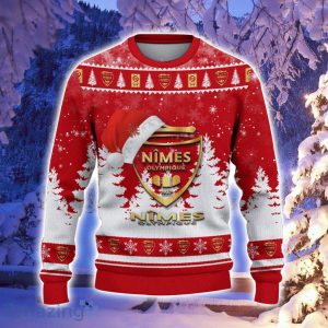 Nimes Olympique Logo Wearing Santa Hat Ugly Christmas Sweater Christmas Gift 3D Sweater Product Photo 2