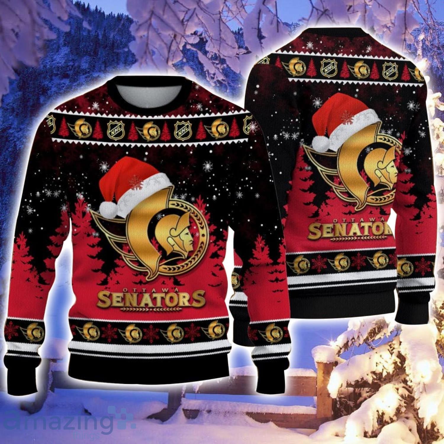 Ottawa Senators Santa Hat Pattern Ugly Christmas Sweater For Men And Women image Ottawa Senators Santa Hat Pattern Ugly Christmas Sweater For Men And Women Product Photo 1