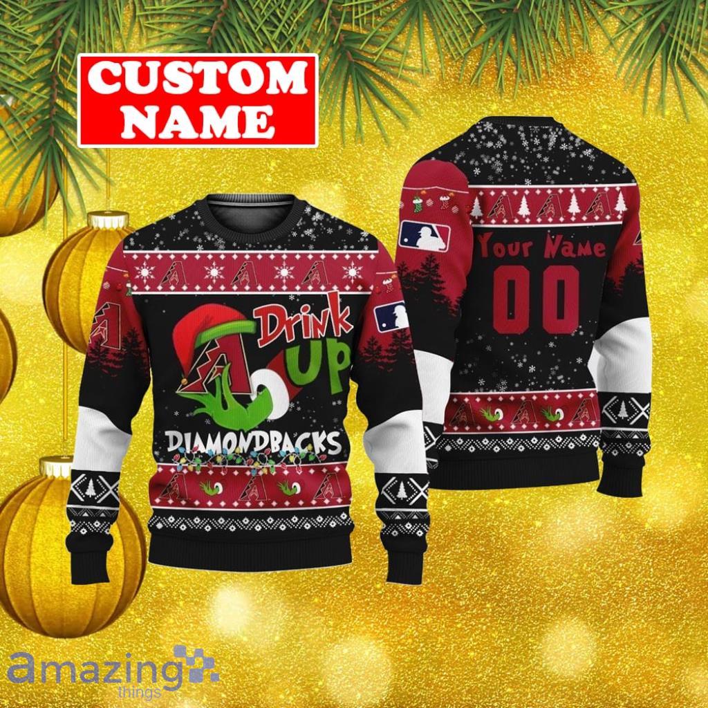 Personalized Name And Number MLB Arizona Diamondbacks Ugly Christmas Sweater Grinch Drink Up Gift For Men And Women image Personalized Name And Number MLB Arizona Diamondbacks Ugly Christmas Sweater Grinch Drink Up Gift For Men And Women Product Photo 1