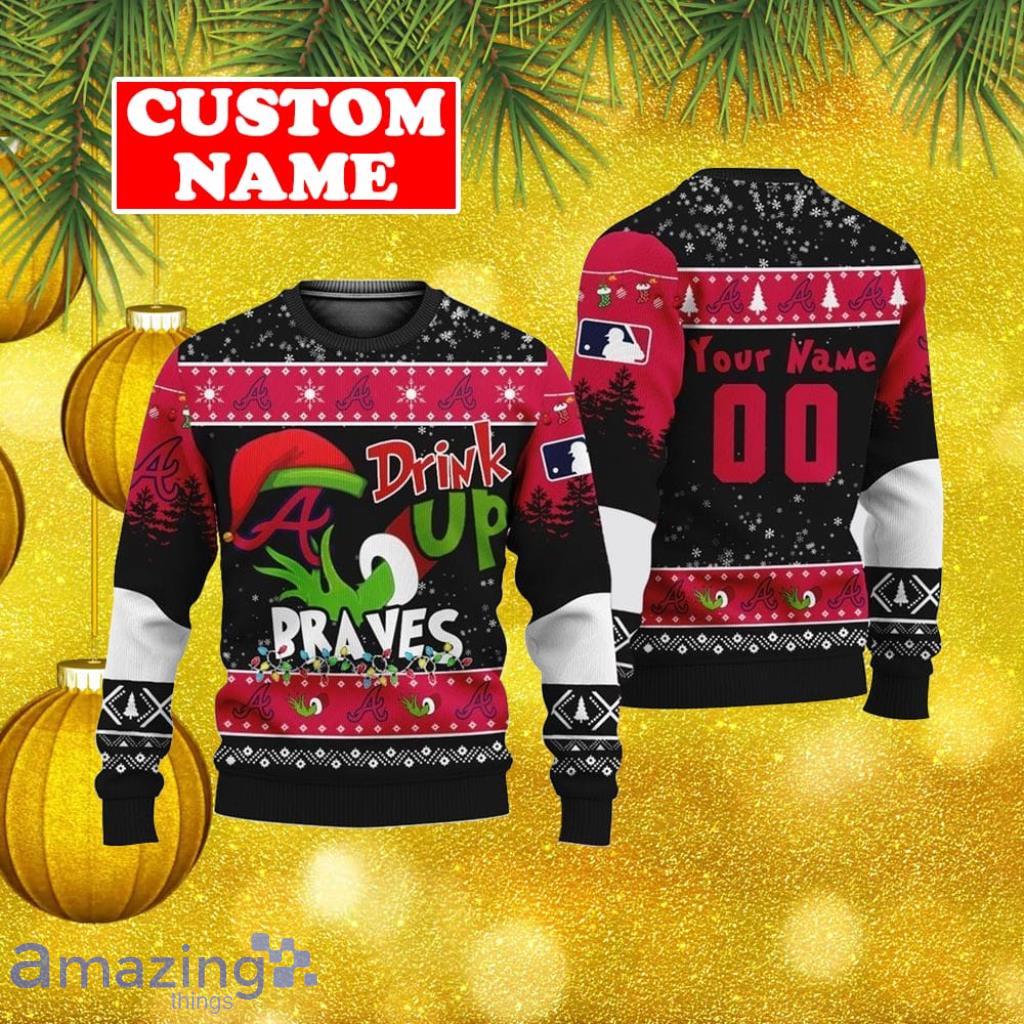 Personalized Name And Number MLB Atlanta Braves Ugly Christmas Sweater Grinch Drink Up Gift For Men And Women image Personalized Name And Number MLB Atlanta Braves Ugly Christmas Sweater Grinch Drink Up Gift For Men And Women Product Photo 1