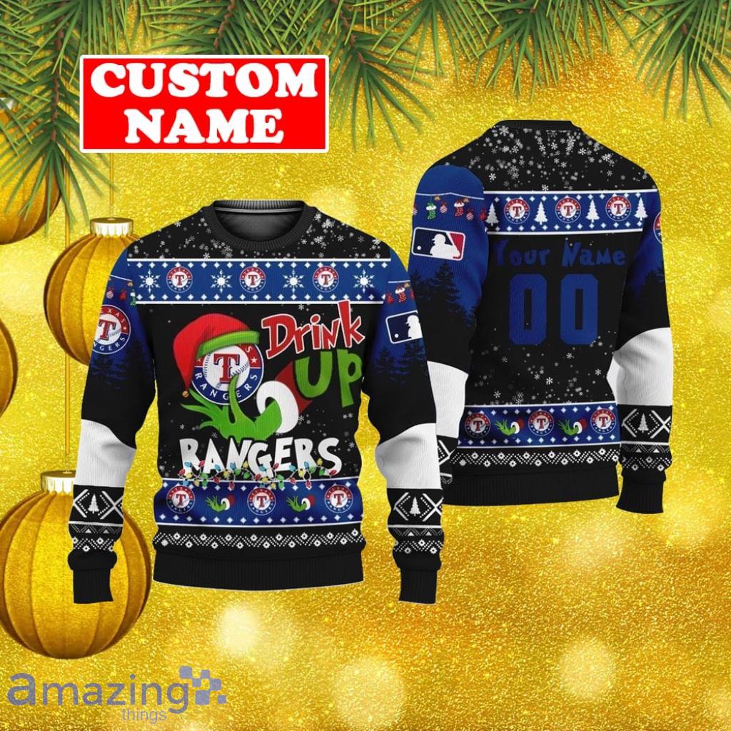 Personalized Name And Number MLB Texas Rangers Ugly Christmas Sweater Grinch Drink Up Gift For Men And Women image Personalized Name And Number MLB Texas Rangers Ugly Christmas Sweater Grinch Drink Up Gift For Men And Women Product Photo 1