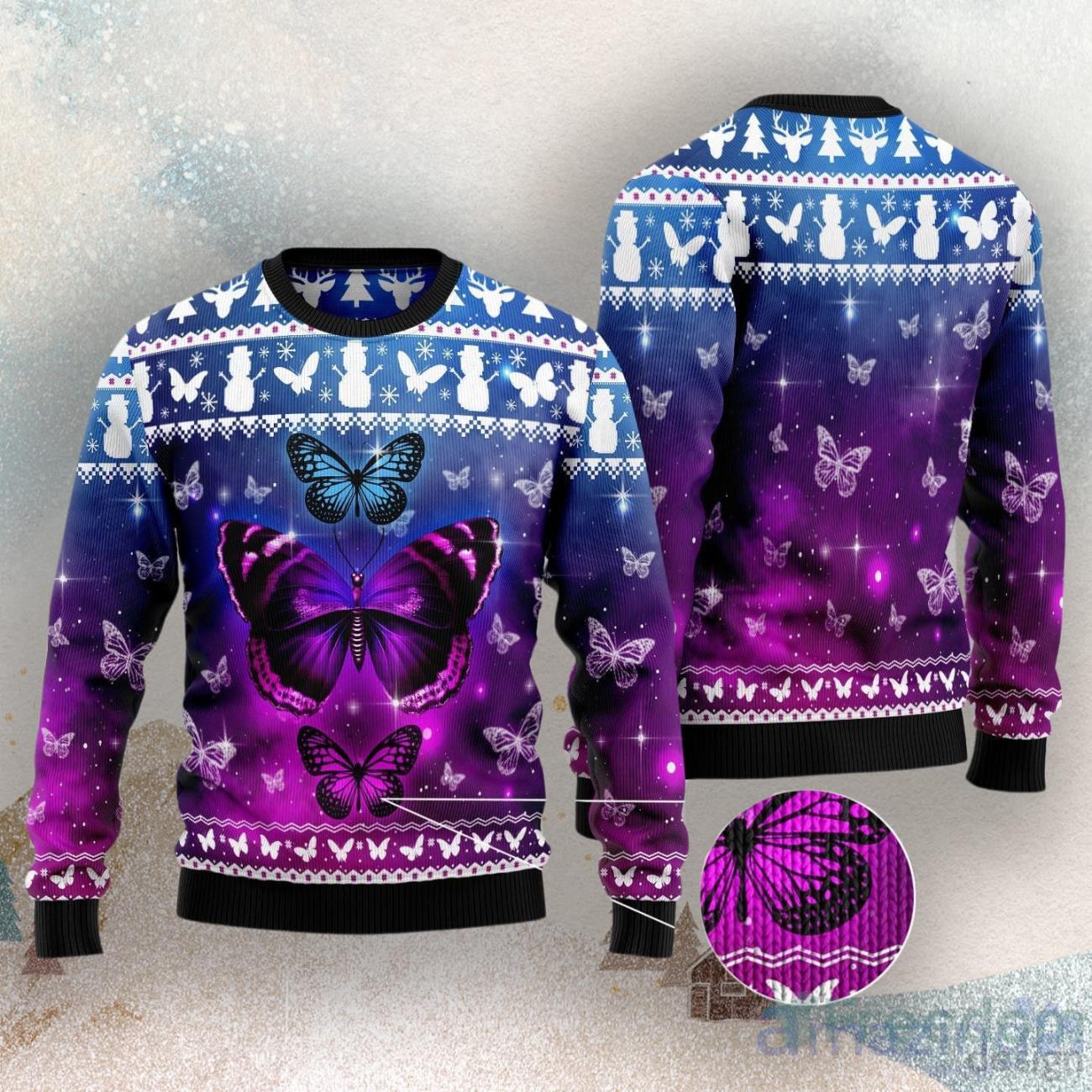 Purple Butterfly Ugly Christmas Sweater image Purple Butterfly Ugly Christmas Sweater Product Photo 1