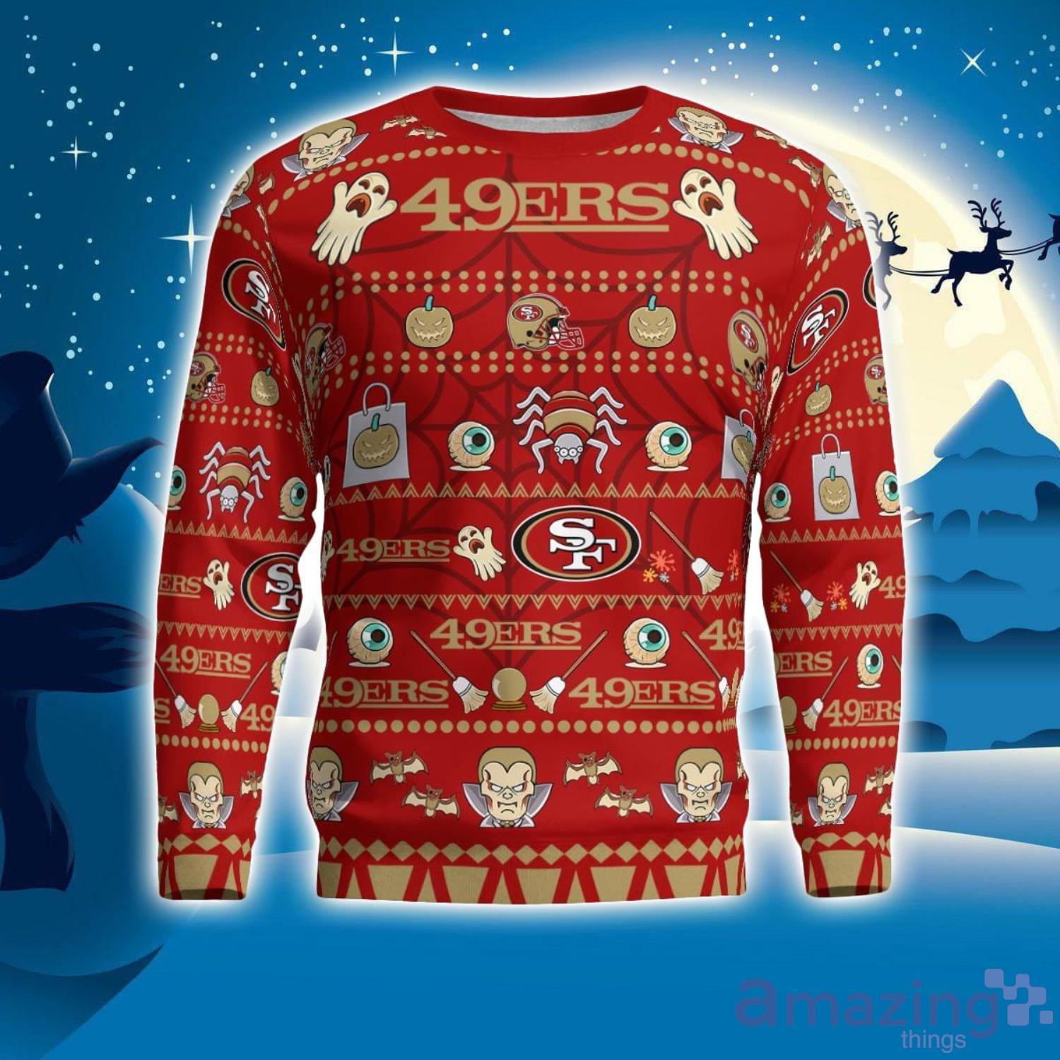 San Francisco 49ers Pumpkin Halloween Spooky Ghost Pattern Funny 3D Sweater Men And Women Gift image San Francisco 49ers Pumpkin Halloween Spooky Ghost Pattern Funny 3D Sweater Men And Women Gift Product Photo 2