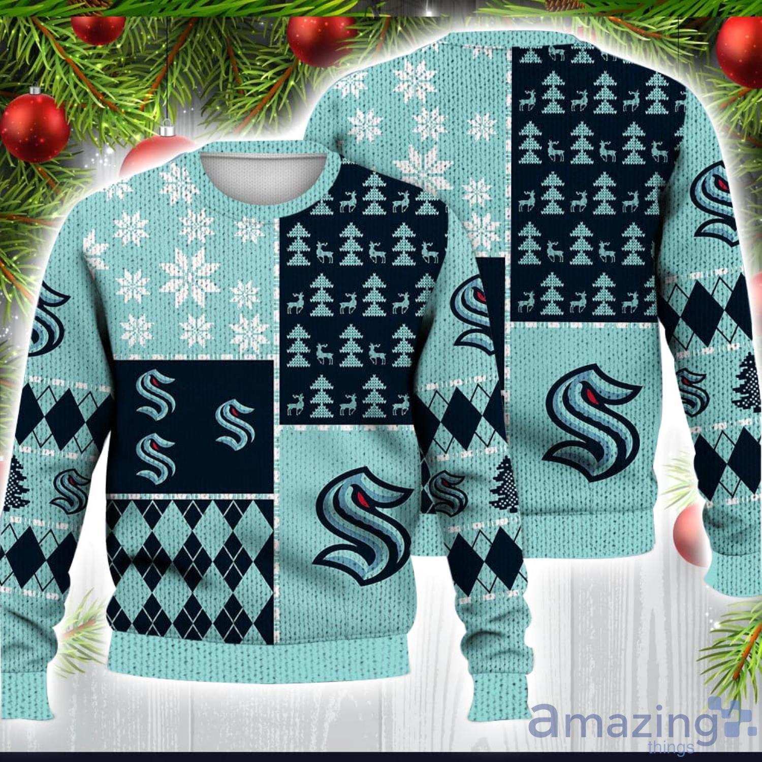 Seattle Kraken All Over Printed 3D Christmas Sweater Ice Hockey NHL Fans Gift image Seattle Kraken All Over Printed 3D Christmas Sweater Ice Hockey NHL Fans Gift Product Photo 1
