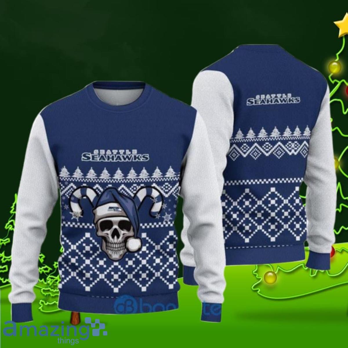 Seattle Seahawks Christmas Skull Halloween Ugly Christmas Sweater Best Gifts image Seattle Seahawks Christmas Skull Halloween Ugly Christmas Sweater Best Gifts Product Photo 1