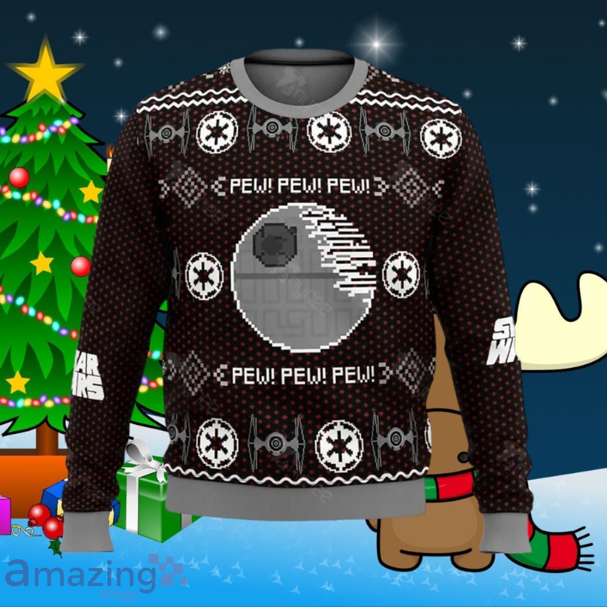 Star Wars Death Star Star Wars Pew Pew Pew Ugly Christmas Sweater Style Gift For Men And Women image Star Wars Death Star Star Wars Pew Pew Pew Ugly Christmas Sweater Style Gift For Men And Women Product Photo 1