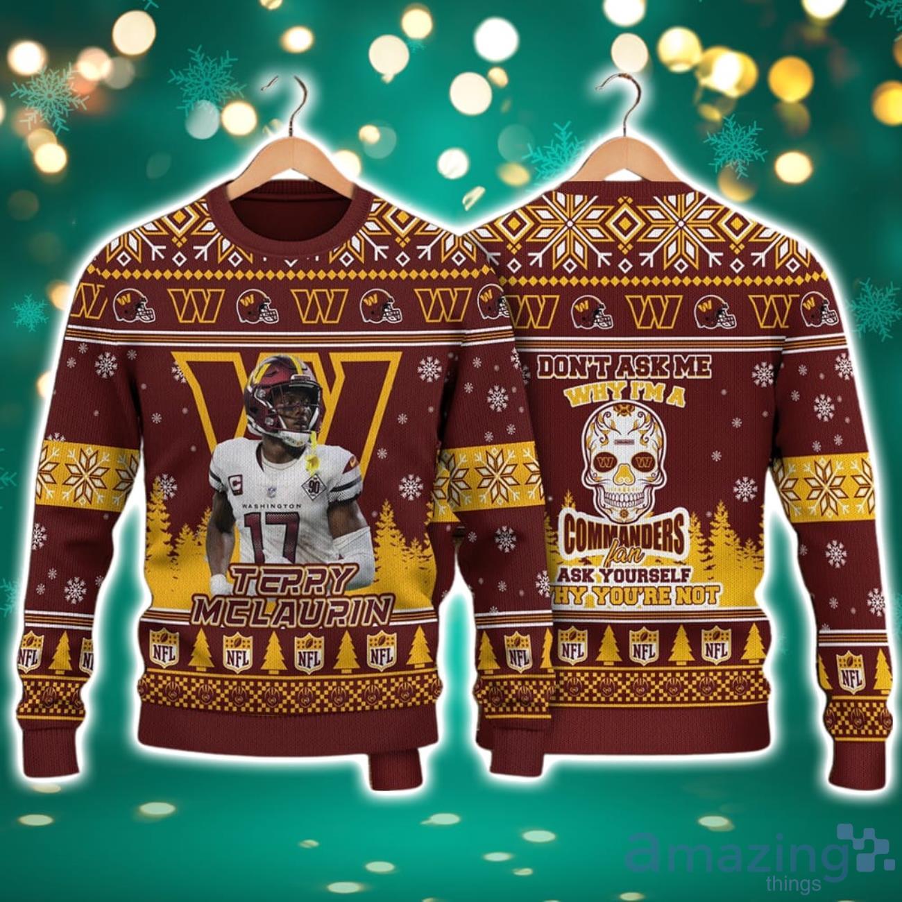 Terry McLaurin Washington Commanders Do Not Ask Me Why I Am A Commanders Fan NFL Christmas Ugly Sweater image Terry McLaurin Washington Commanders Do Not Ask Me Why I Am A Commanders Fan NFL Christmas Ugly Sweater Product Photo 1