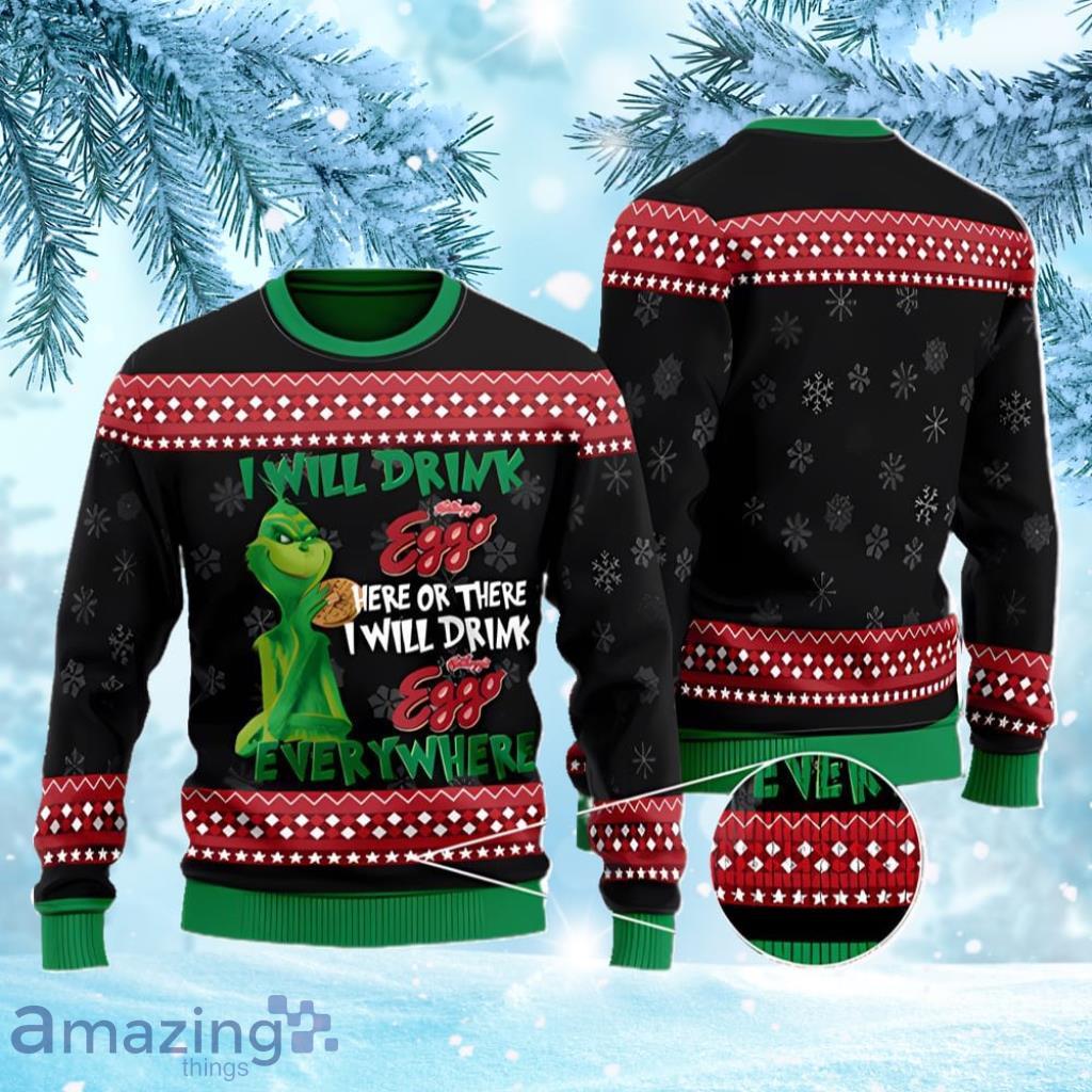 The Grinch I Will Drink Here Or There I Will Drink Eggo Everywhere Christmas Ugly Sweater image The Grinch I Will Drink Here Or There I Will Drink Eggo Everywhere Christmas Ugly Sweater Product Photo 1