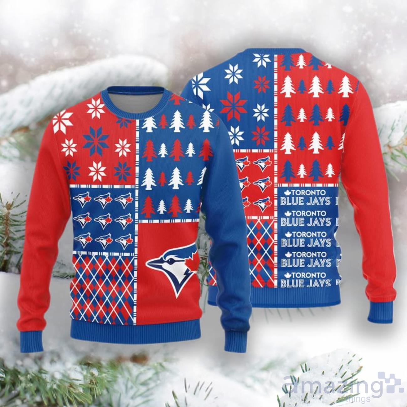 Toronto Blue Jays Christmas Pine Trees Pattern New Style Knitted Sweater image Toronto Blue Jays Christmas Pine Trees Pattern New Style Knitted Sweater Product Photo 1