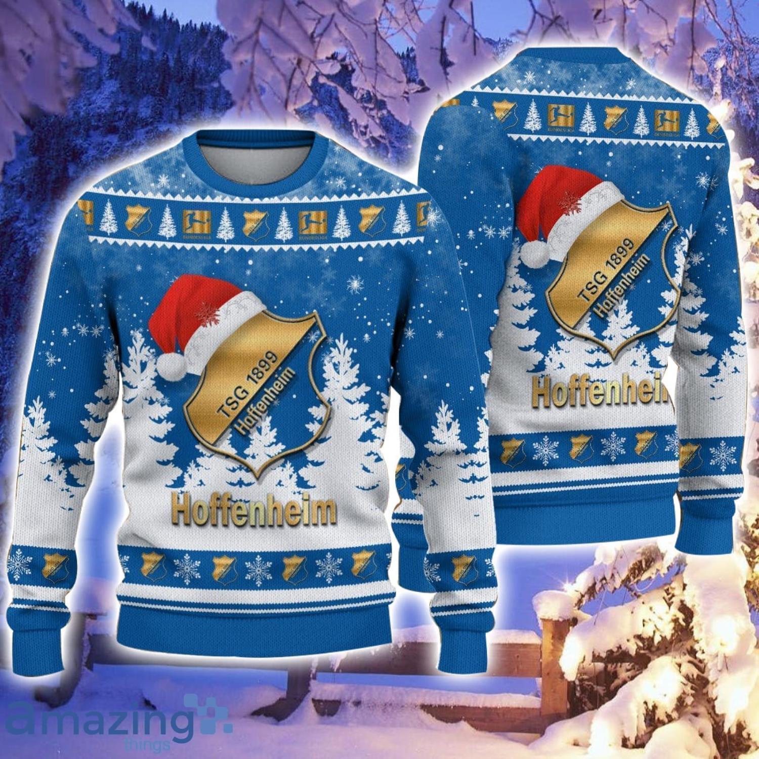 TSG Hoffenheim Logo Wearing Santa Hat Ugly Christmas Sweater Christmas Gift For Men And Women image TSG Hoffenheim Logo Wearing Santa Hat Ugly Christmas Sweater Christmas Gift For Men And Women Product Photo 1