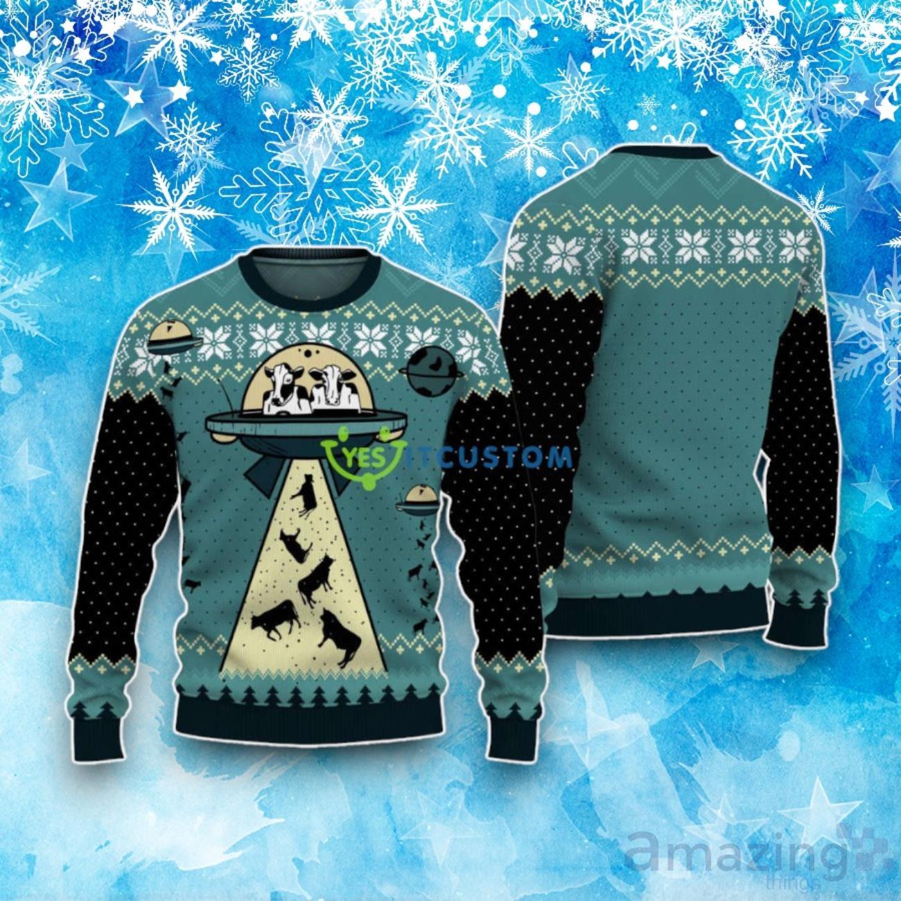 UFO ALien Cow Abduction Ugly Christmas Sweater image UFO ALien Cow Abduction Ugly Christmas Sweater Product Photo 1
