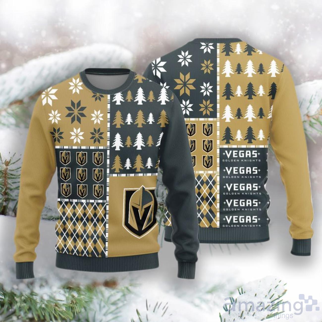 Vegas Golden Knights Christmas Pine Trees Pattern New Style Knitted Sweater image Vegas Golden Knights Christmas Pine Trees Pattern New Style Knitted Sweater Product Photo 1