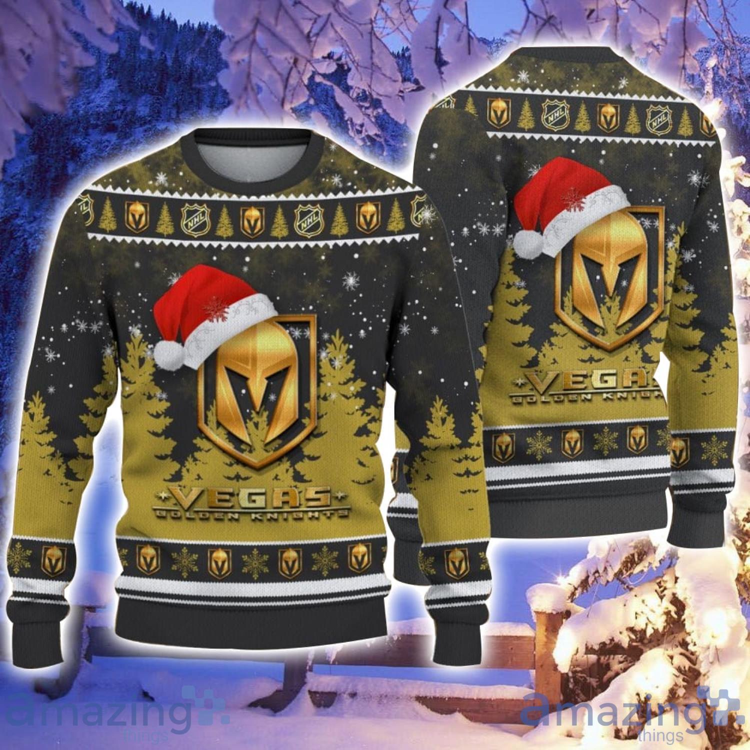 Vegas Golden Knights Santa Hat Pattern Ugly Christmas Sweater For Men And Women image Vegas Golden Knights Santa Hat Pattern Ugly Christmas Sweater For Men And Women Product Photo 1