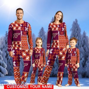 Virginia Tech Hokies Pajamas Set Cute Gift Personalized Name For Sport Fans Christmas Pajamas Set Cute Gift For Family Product Photo 1