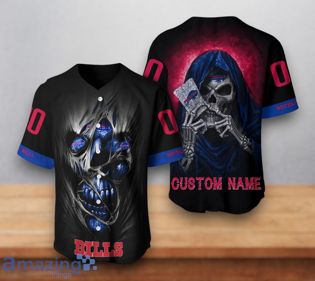 Buffalo Bills NFL Custom Number & Name Skull 3D Baseball Jersey image Buffalo Bills NFL Custom Number & Name Skull 3D Baseball Jersey Product Photo 1