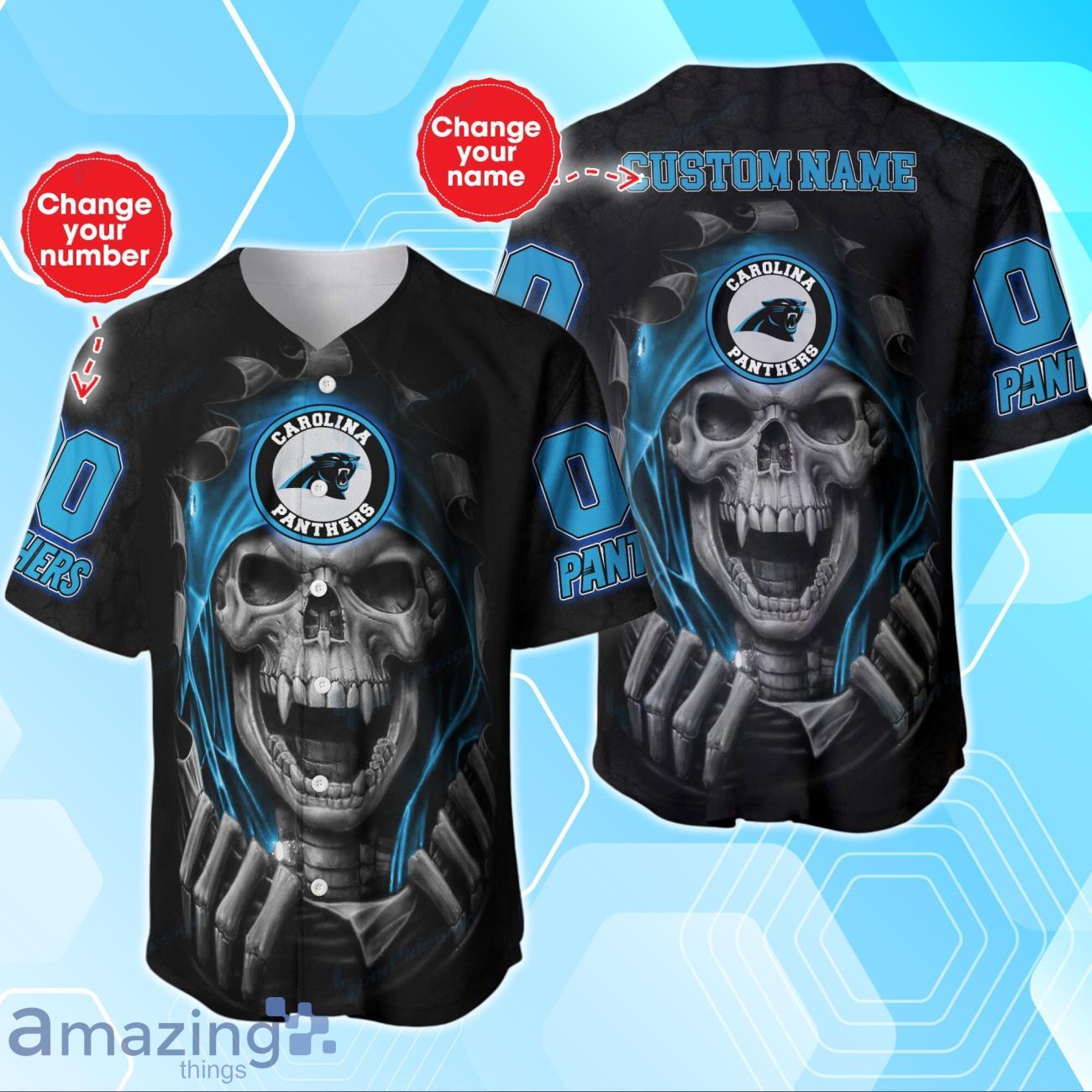 Carolina Panthers Baseball Jersey Skull 3D Custom Number & Name image Carolina Panthers Baseball Jersey Skull 3D Custom Number & Name Product Photo 1