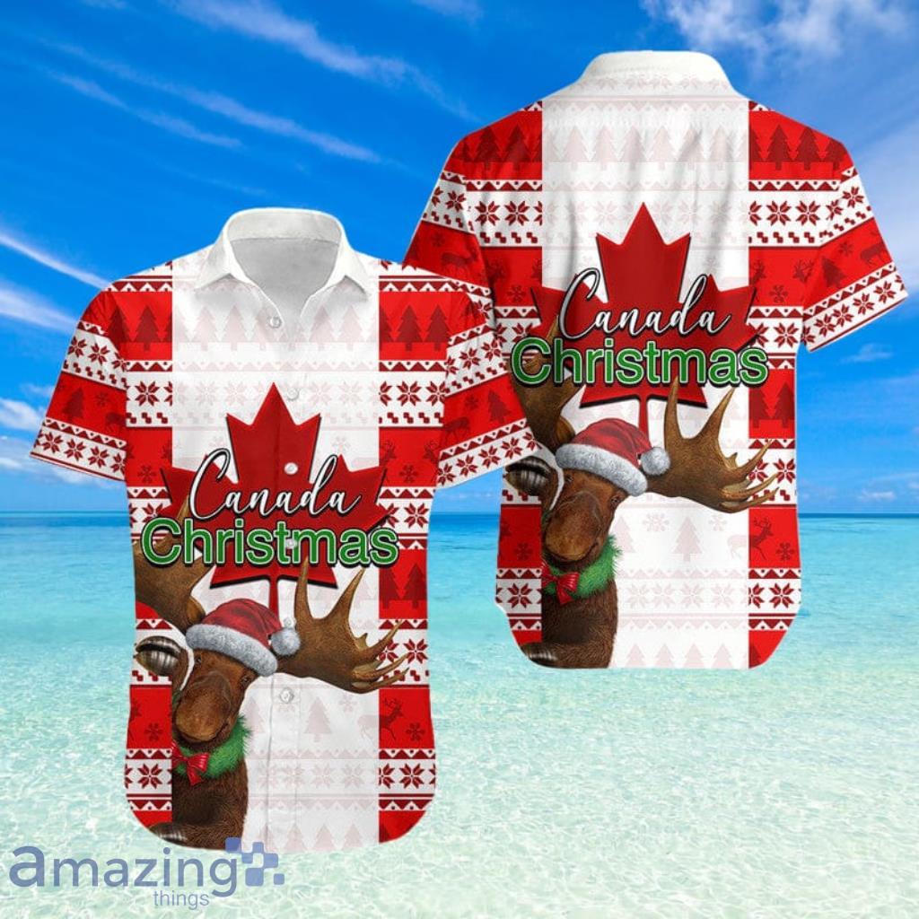 Christmas Moose Canada Relaxed Hawaiian Shirt Flag Style image Christmas Moose Canada Relaxed Hawaiian Shirt Flag Style Product Photo 1