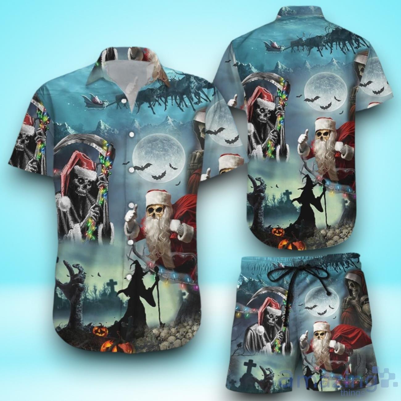 Christmas Santa Claus Skull Hawalloween Hawaiian Shirt & Short For Men And Women image Christmas Santa Claus Skull Hawalloween Hawaiian Shirt & Short For Men And Women Product Photo 1