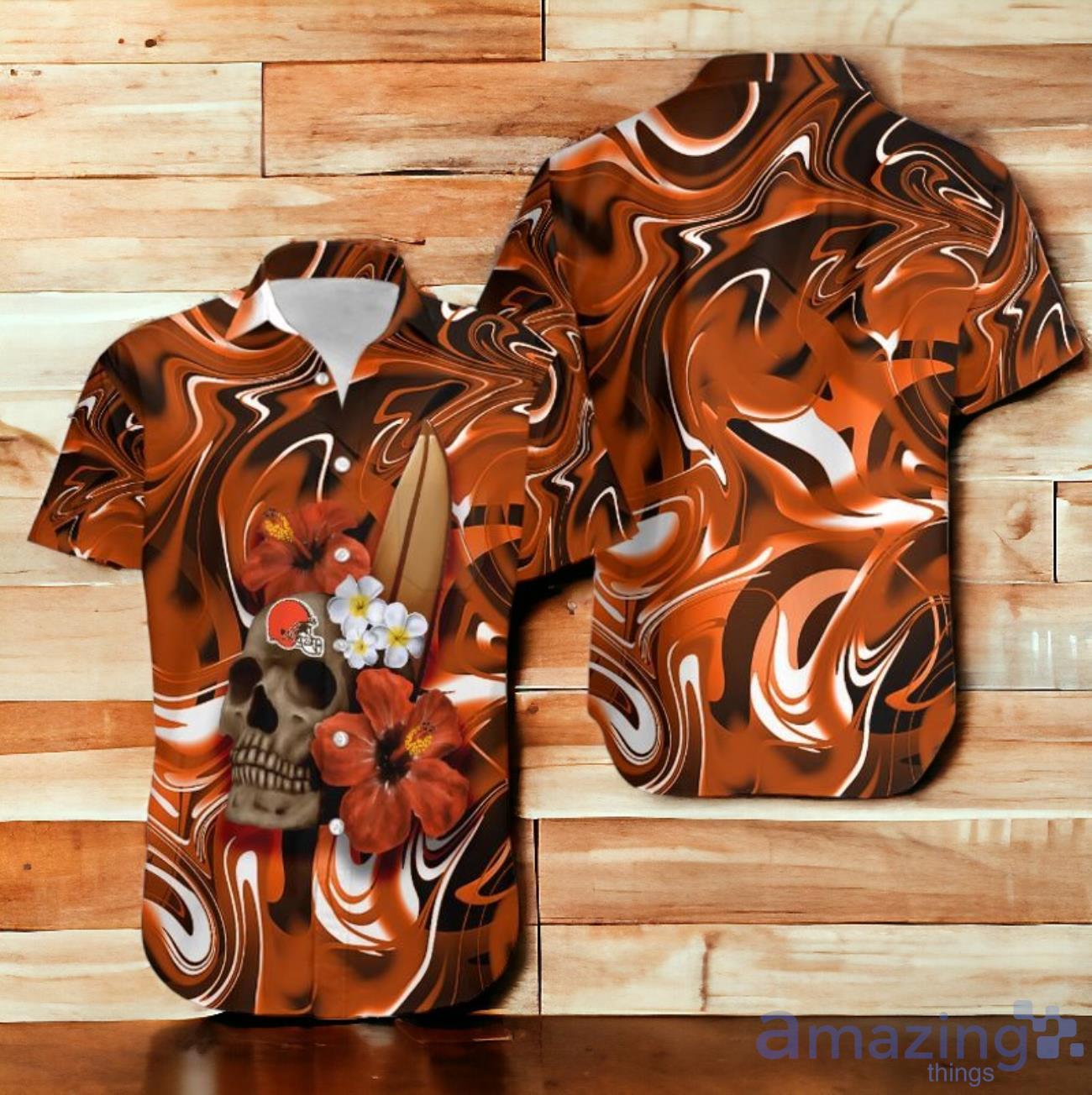 Cleveland Browns Skull Flower Hawaiian Shirt For Men Women image Cleveland Browns Skull Flower Hawaiian Shirt For Men Women Product Photo 1