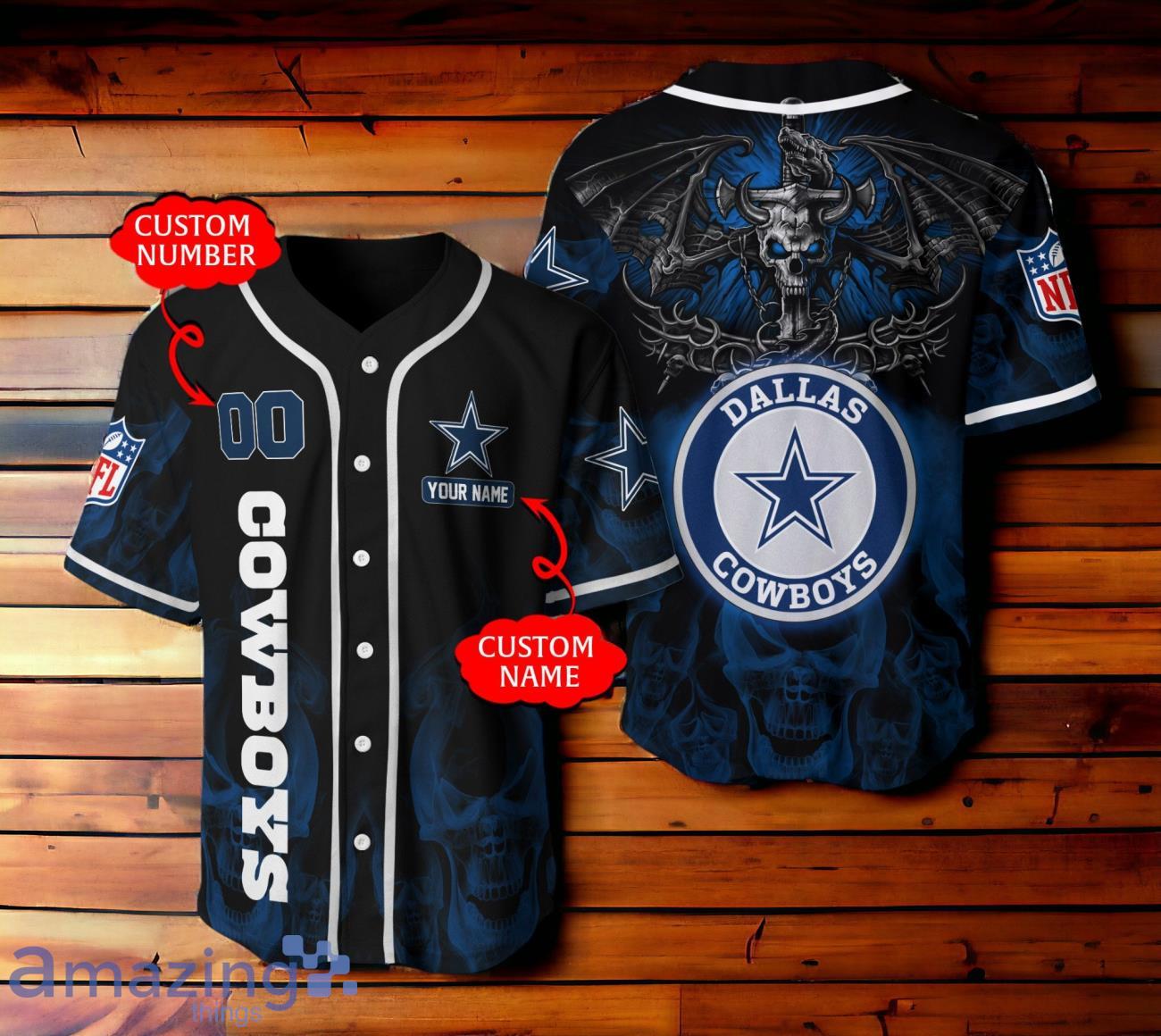 Dallas Cowboys NFL Baseball Jersey Skull 3D Logo Custom Number & Name image Dallas Cowboys NFL Baseball Jersey Skull 3D Logo Custom Number & Name Product Photo 1