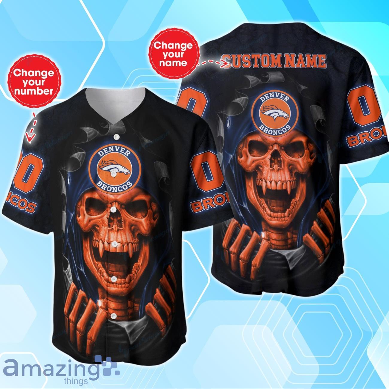 Denver Broncos Baseball Jersey Skull 3D Custom Number & Name image Denver Broncos Baseball Jersey Skull 3D Custom Number & Name Product Photo 1