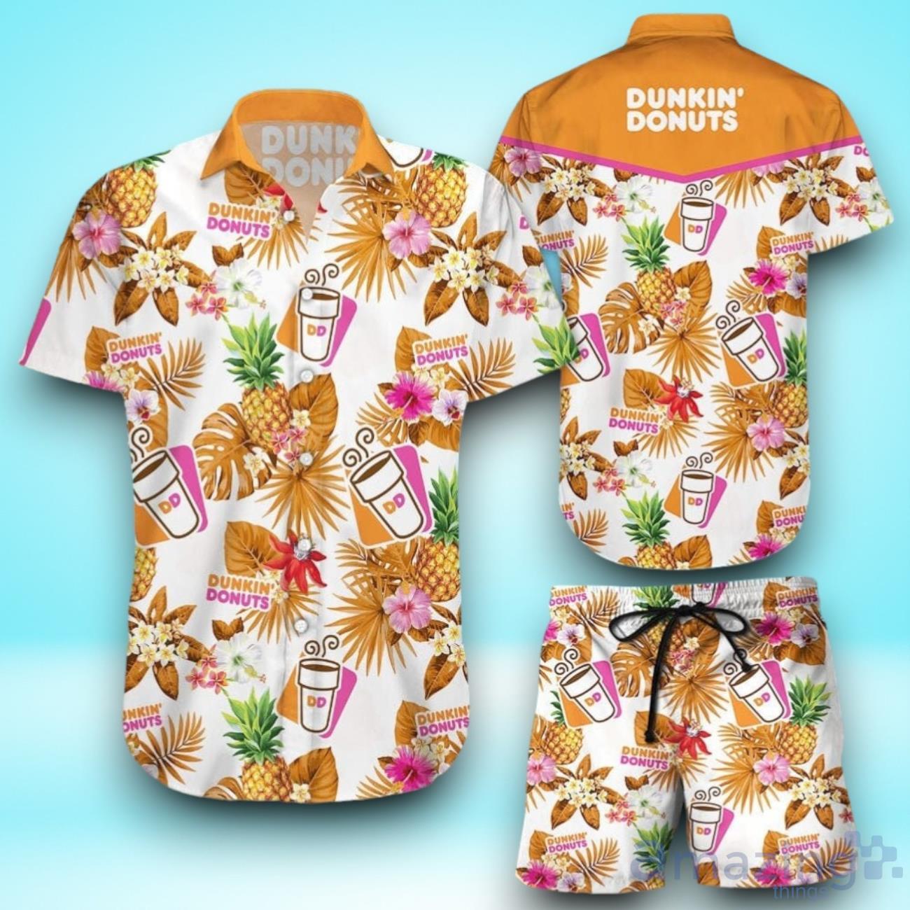 Dunkin Donut Pineapple Kitchen Tropical Flower Aloha Hawaiian Shirt & Short For Men And Women image Dunkin Donut Pineapple Kitchen Tropical Flower Aloha Hawaiian Shirt & Short For Men And Women Product Photo 1