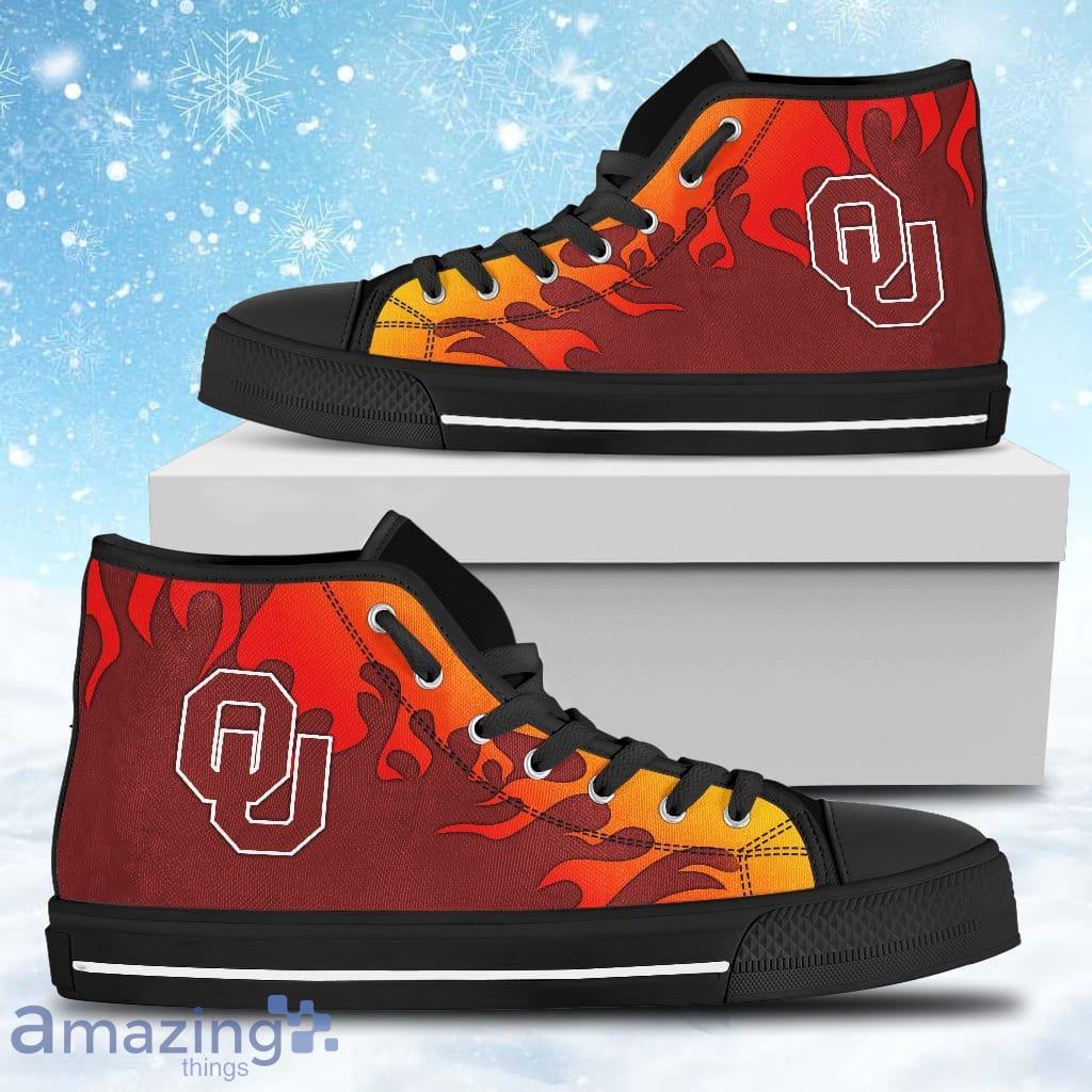 Fire Burning Fierce Strong Logo Oklahoma Sooners High Top Shoes Gift For Big Fans image Fire Burning Fierce Strong Logo Oklahoma Sooners High Top Shoes Gift For Big Fans Product Photo 1