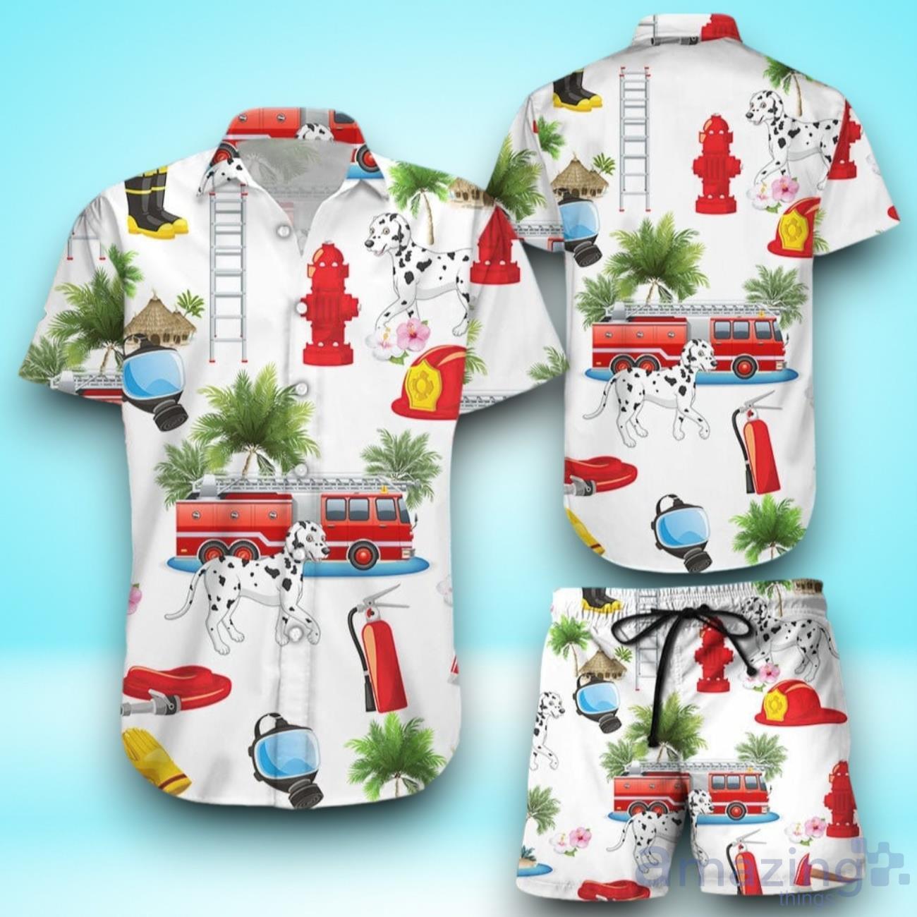 Funny Firefighter Shirts Firefighter With Dog On Vacation White Hawaiian Shirt & Short For Men And Women image Funny Firefighter Shirts Firefighter With Dog On Vacation White Hawaiian Shirt & Short For Men And Women Product Photo 1