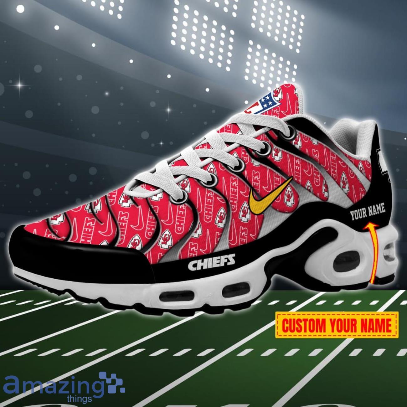 Kansas City Chiefs NFL Pattern Swoosh Custom Name Air Cushion Sport Shoes image Kansas City Chiefs NFL Pattern Swoosh Custom Name Air Cushion Sport Shoes Product Photo 1