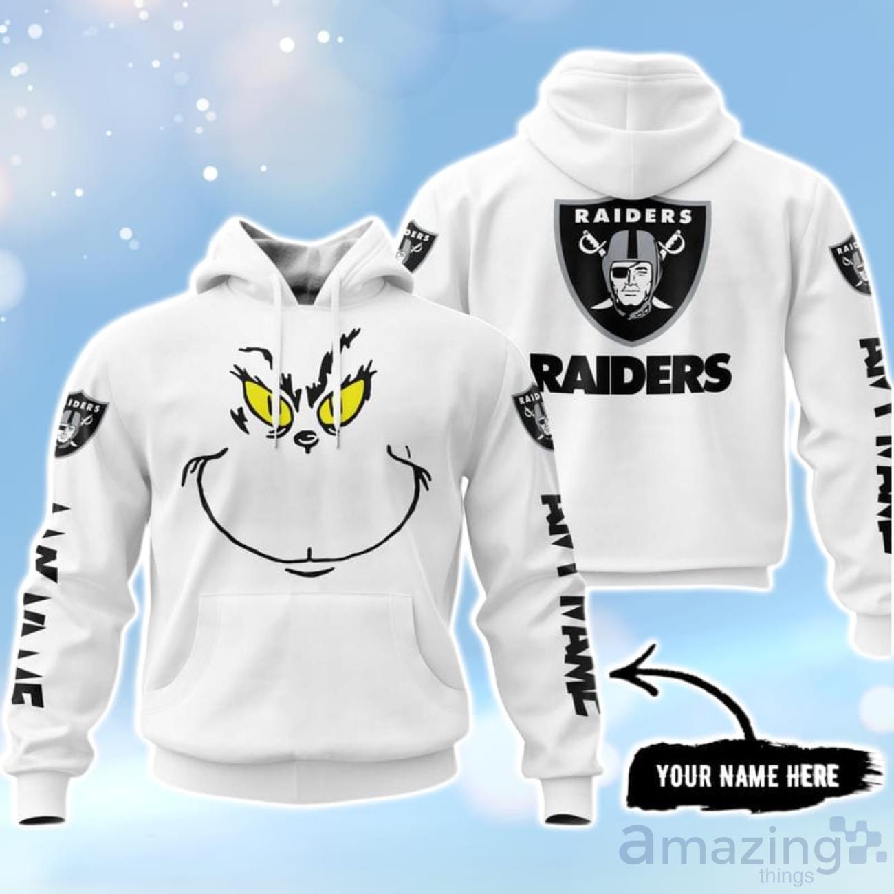 Las Vegas Raiders Grinch Custom Name Hoodie Unisex White Color image Las Vegas Raiders Grinch Custom Name Hoodie Unisex White Color Product Photo 1