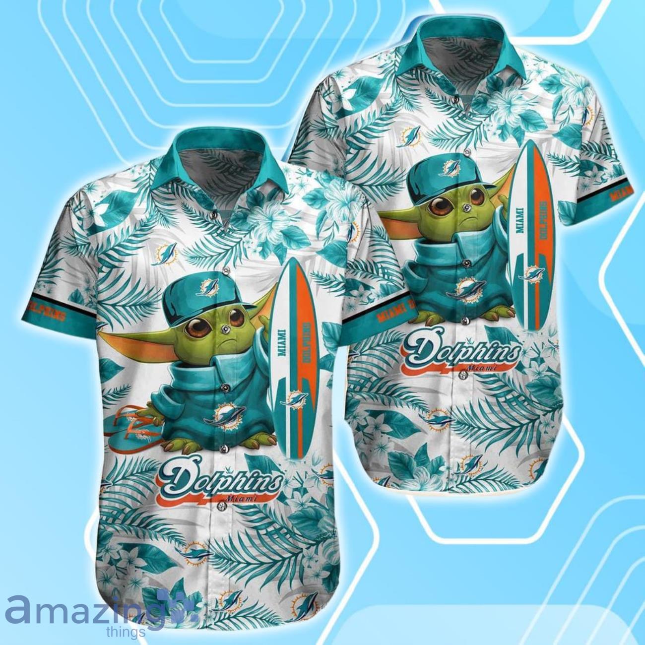 Miami Dolphins NFL Baby Yoda Hawaiian Shirt & Short Style Tropical Pattern Best Gift For Fan image Miami Dolphins NFL Baby Yoda Hawaiian Shirt & Short Style Tropical Pattern Best Gift For Fan Product Photo 2