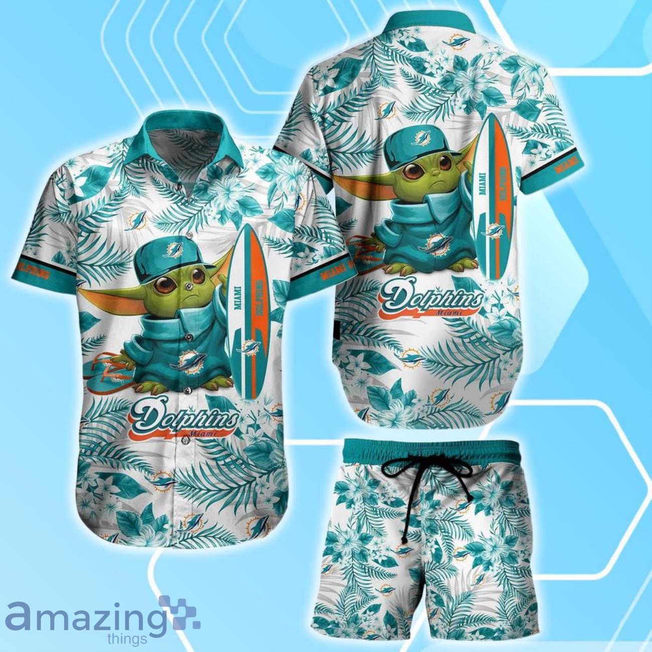 Miami Dolphins NFL Baby Yoda Hawaiian Shirt & Short Style Tropical Pattern Best Gift For Fan image Miami Dolphins NFL Baby Yoda Hawaiian Shirt & Short Style Tropical Pattern Best Gift For Fan Product Photo 1