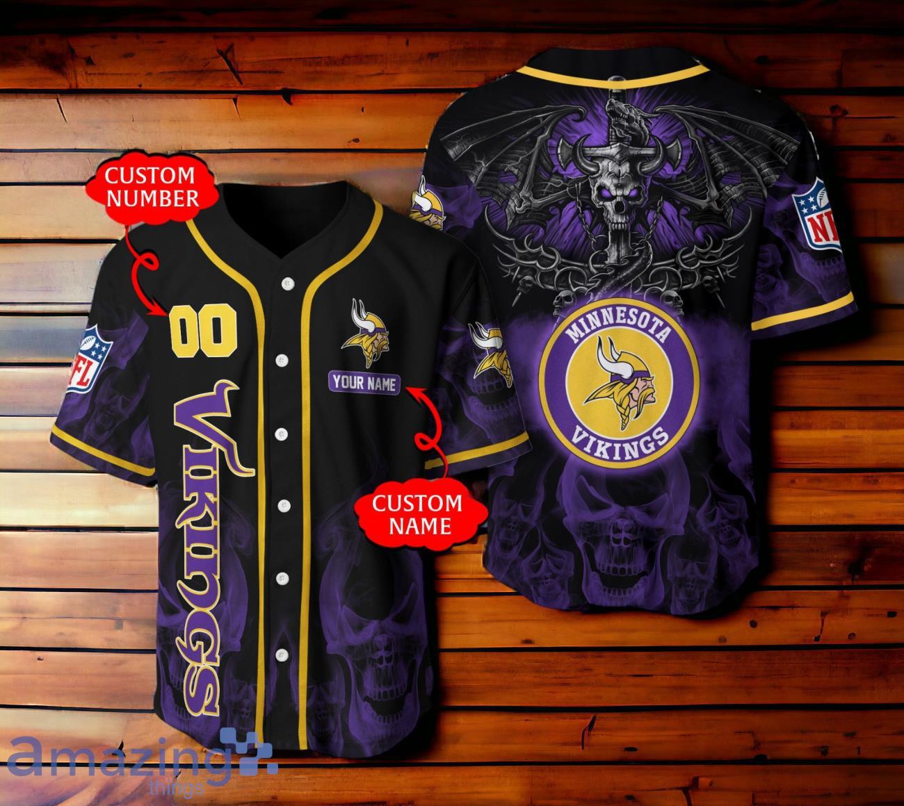 Minnesota Vikings NFL Baseball Jersey Skull 3D Logo Custom Number & Name image Minnesota Vikings NFL Baseball Jersey Skull 3D Logo Custom Number & Name Product Photo 1