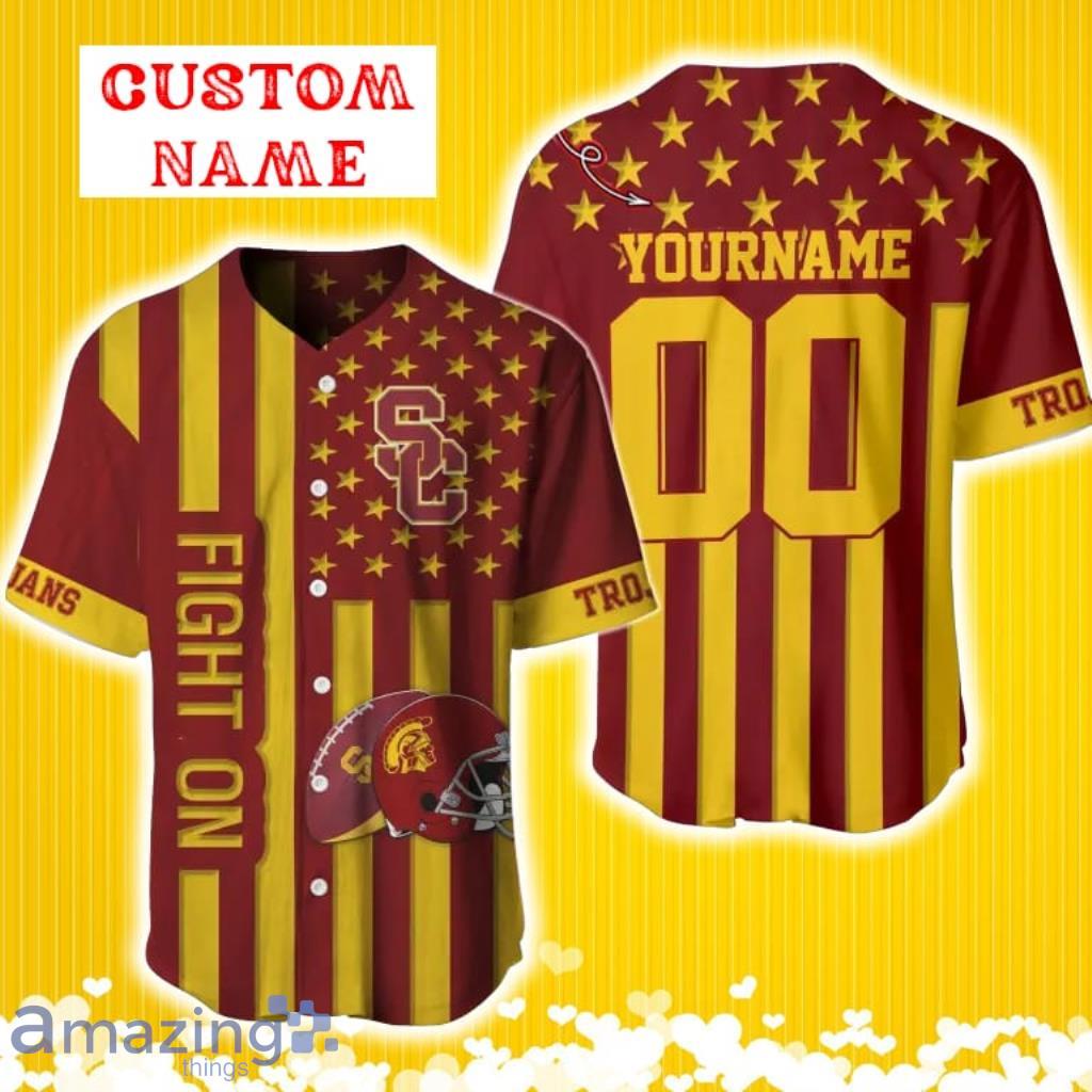 NCAA USC Trojans Custom Name And Number Slogan Baseball Jersey Shirt image NCAA USC Trojans Custom Name And Number Slogan Baseball Jersey Shirt Product Photo 1