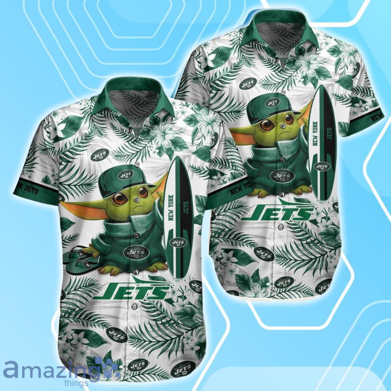 New York Jets NFL Baby Yoda Hawaiian Shirt & Short Style Tropical Pattern Best Gift For Fan image New York Jets NFL Baby Yoda Hawaiian Shirt & Short Style Tropical Pattern Best Gift For Fan Product Photo 2