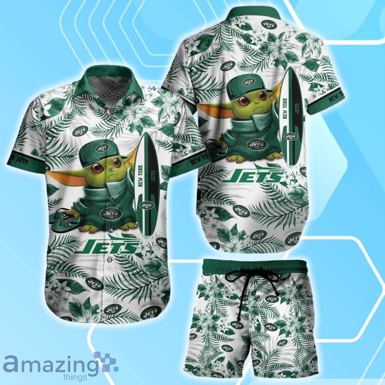 New York Jets NFL Baby Yoda Hawaiian Shirt & Short Style Tropical Pattern Best Gift For Fan image New York Jets NFL Baby Yoda Hawaiian Shirt & Short Style Tropical Pattern Best Gift For Fan Product Photo 1