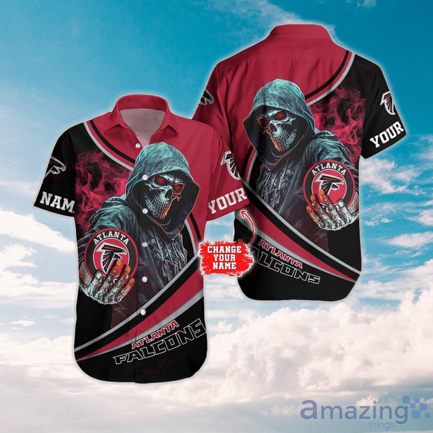 NFL Atlanta Falcons Hawaiian Shirt Custom Name Halloween Skull Gift For Sport Fans image NFL Atlanta Falcons Hawaiian Shirt Custom Name Halloween Skull Gift For Sport Fans Product Photo 1