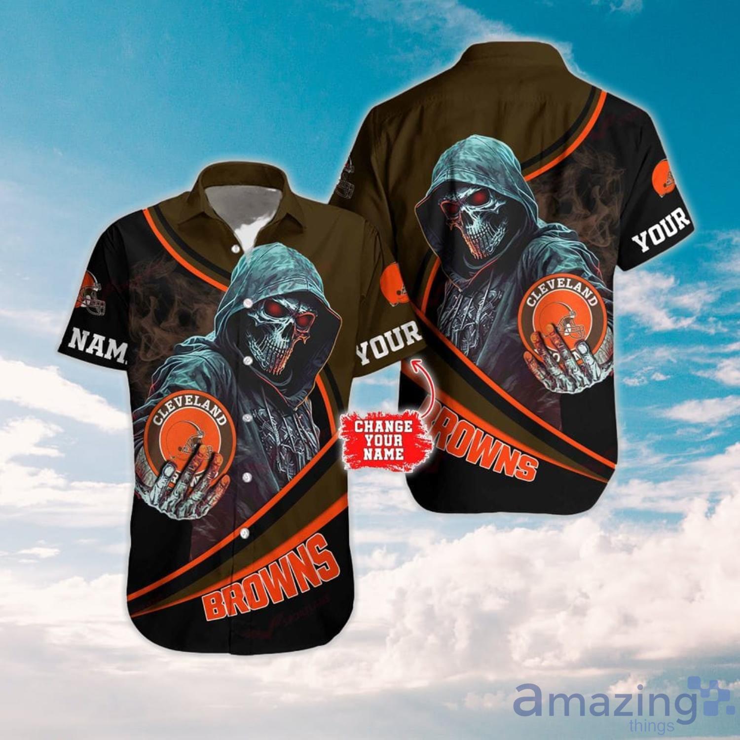 NFL Cleveland Browns Hawaiian Shirt Custom Name Halloween Skull Gift For Sport Fans image NFL Cleveland Browns Hawaiian Shirt Custom Name Halloween Skull Gift For Sport Fans Product Photo 1