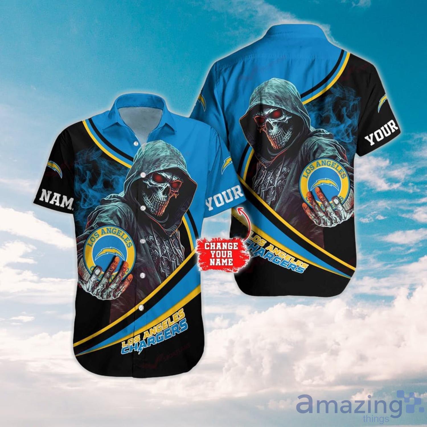NFL Los Angeles Chargers Hawaiian Shirt Custom Name Halloween Skull Gift For Sport Fans image NFL Los Angeles Chargers Hawaiian Shirt Custom Name Halloween Skull Gift For Sport Fans Product Photo 1